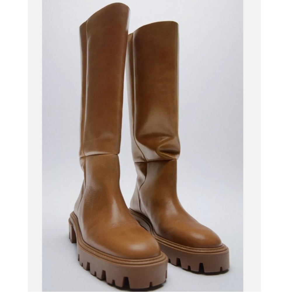 ZARA Flat Knee Brown Tall Leather Boots - Picture 2 of 16